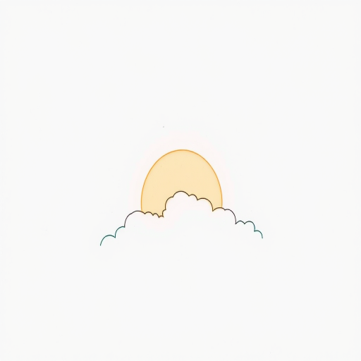 Create a minimalist line drawing of a sun rising behind a cloud with a soft color palette, using a DSLR camera at f/2.8 aperture, 50mm lens, ISO 100, natural light, shot from an overhead angle to enhance depth.