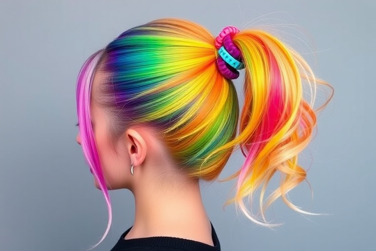 Vibrant rainbow hair with each section dyed a different hue, styled in a sleek, high ponytail with colorful hair rings, showcasing the playful "Prism Power" look