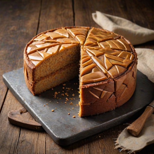 Generate an image of a freshly baked golden brown cake sliced into triangular pieces. The cake has a glossy top with a crisscross pattern and a few pieces are slightly separated from the main portion. The background features a rustic, textured surface.