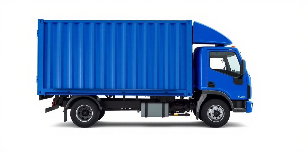 Create a high-resolution illustration of a side view of a blue delivery truck with a container, using a Canon EOS 5D Mark IV, 50mm lens, f/2.8, ISO 100, with Studio lighting and a clean white background.
