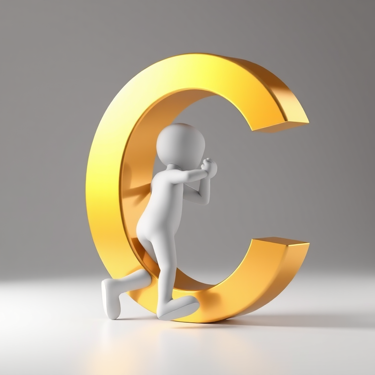 Generate a high-resolution 3D rendering of a stylized white figure pushing a large golden letter C, with a softbox lighting setup, close-up shot, shallow depth of field, DSLR camera, f/2.8 aperture, ISO 100, 50mm lens.