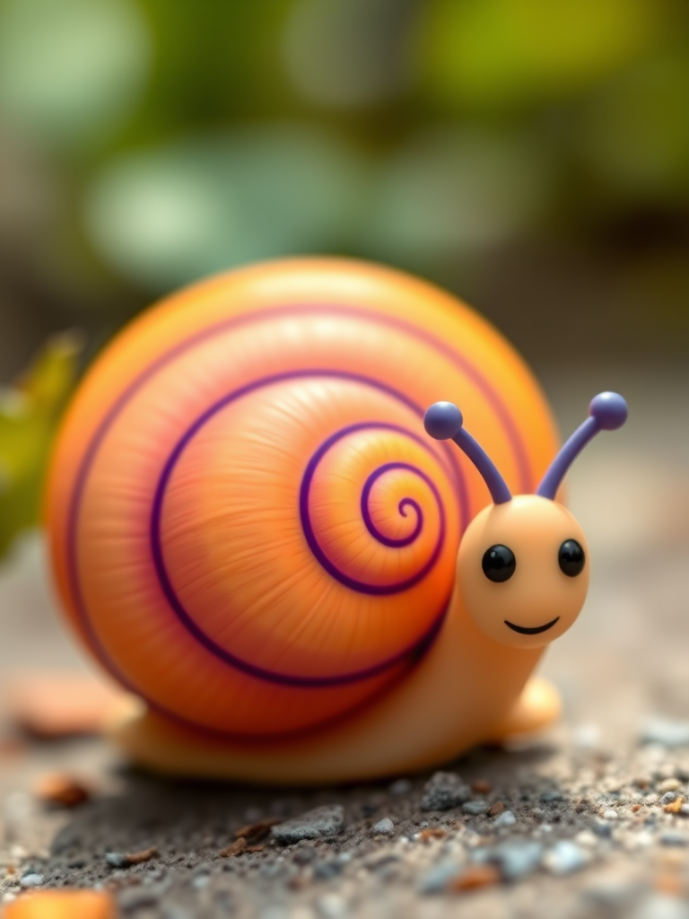Draw a cartoon snail with a purple spiral shell and a smiling face, using a bright color palette, focus on detail in the shell texture, macro view with a shallow depth of field, digital art style, high-resolution settings.