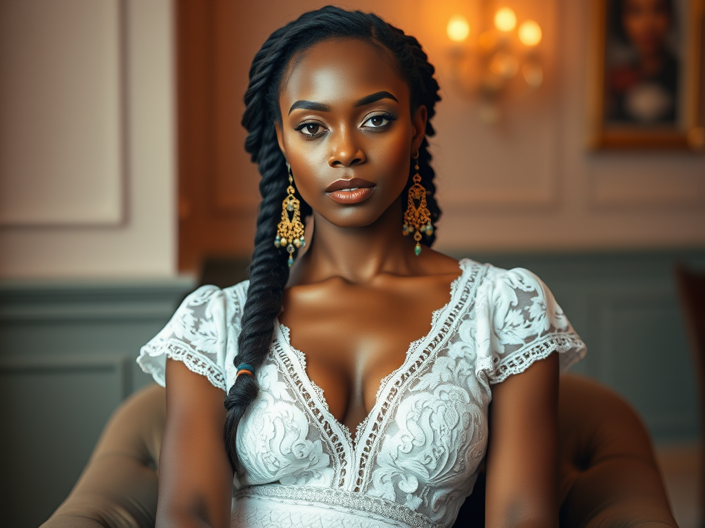 Create a portrait of a refined and elegant Cape Verdean woman seated in a sophisticated setting. She has long, wavy hair styled in two thick braids that are pulled over her shoulders. She wears a white, lace gown with intricate patterns, featuring a deep V-neckline and short sleeves. The dress exudes a vintage charm with its delicate lacework. She is adorned with ornate, dangling earrings that add a touch of glamour to her appearance. The background is softly lit, with warm, ambient lighting that creates a cozy and inviting atmosphere. Her expression is poised and serene, capturing a sense of grace and elegance.