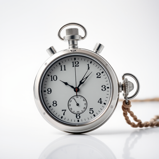 Create a highly detailed image of a sleek silver stopwatch with a polished finish, capture it in a 50mm lens, f/2.8 aperture, 1/125 shutter speed, using a professional DSLR camera in a bright, evenly lit studio environment.