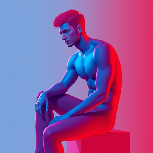 Create a high-resolution digital illustration of a stylized male figure in a seated position, predominantly using red and blue colors, with a smooth gradient effect, studio lighting, shot from a slightly elevated angle, using a DSLR camera with an aperture of f/2.8, ISO 100, and a focal length of 50mm to enhance image quality.