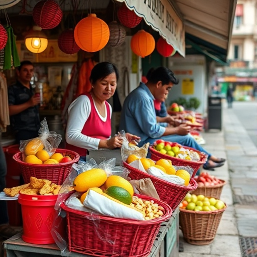 capture a street vendor selling snacks with colorful baskets full of fruits and snacks, taken from a high angle with a 50mm lens, aperture f/2.8, ISO 200, using a DSLR camera, in soft natural light to enhance details and textures