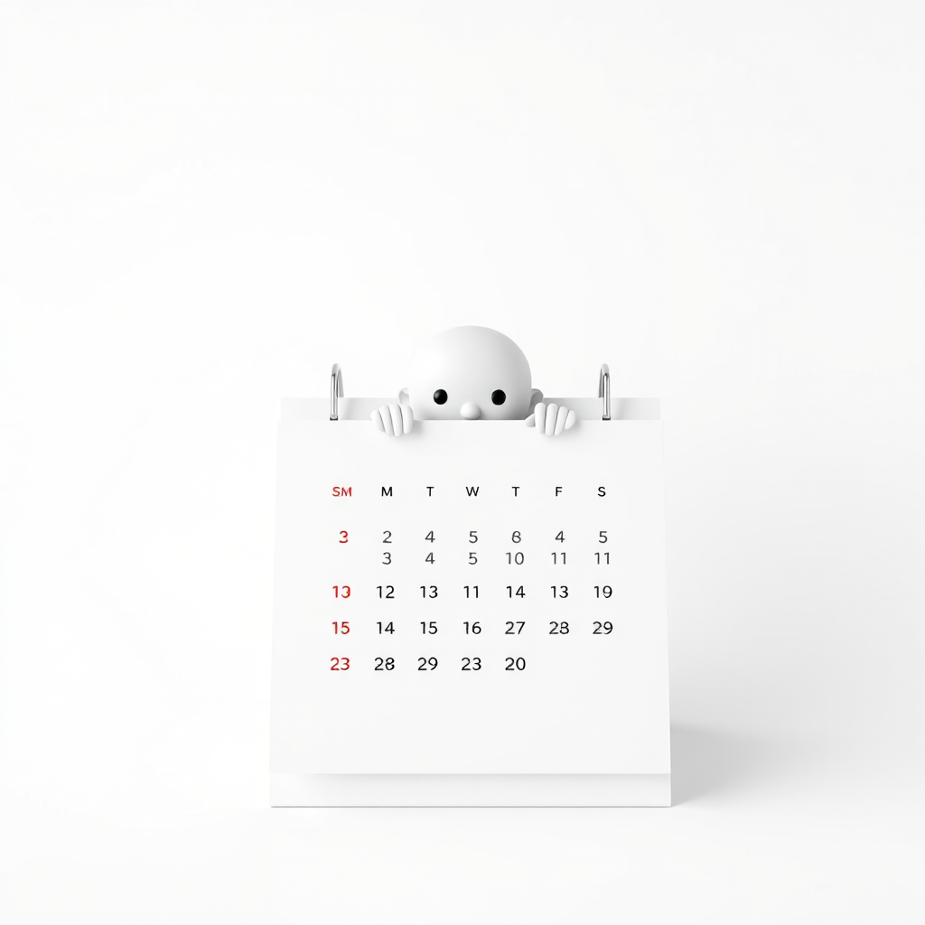 create a 3D rendered image of a minimalist character peeking from a blank calendar stand with a white background, using a Canon EOS R5 camera, 50mm lens, f/2.8 aperture, ISO 100, 1/125s shutter speed, top-down view, studio lighting for enhanced clarity