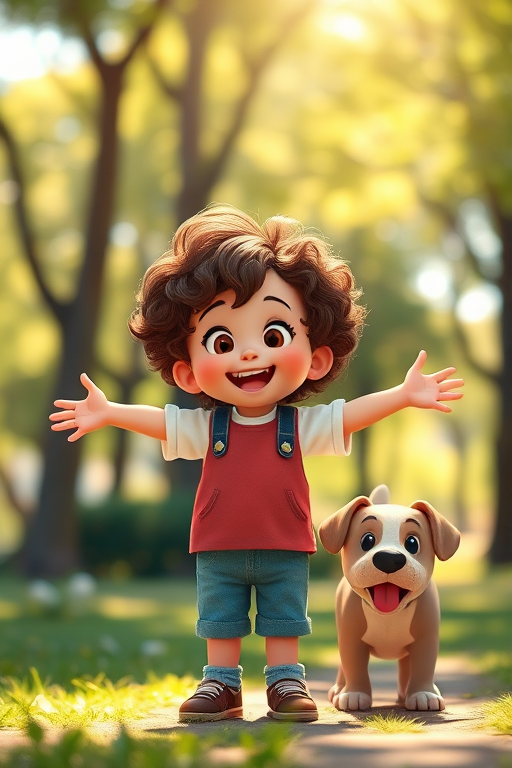 cartoon style image of a child with curly hair standing with arms outstretched and a dog beside him in a vibrant park setting, soft sunlight filtering through trees, depth of field effect, shot with a DSLR camera at f/2.8, 50mm lens, aperture priority mode, slight upward angle for dynamic perspective, high saturation for vivid colors