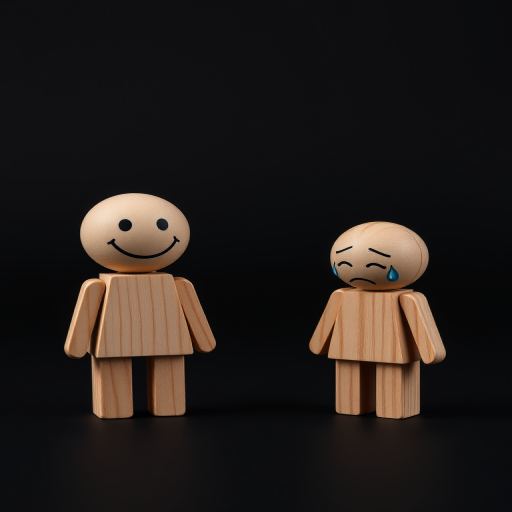 Create a high-resolution image of two wooden figurines on a black background, one expressing happiness with a smiling face and the other showing sadness with tears, shot with a Canon EOS R5 at f/2.8, ISO 100, and a 50mm lens, using soft studio lighting for enhanced details and clarity.