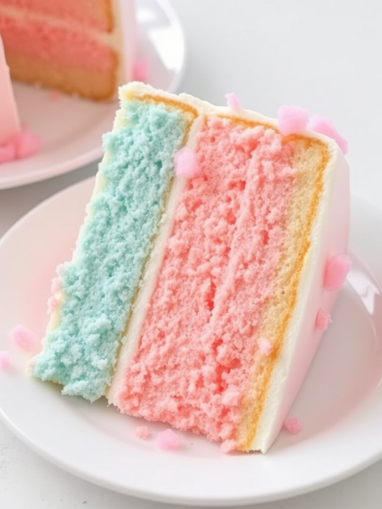 A slice of pastel colored cake with alternating layers of pink and blue frosting on a white plate with a light background. The cake has a fluffy texture and is decorated with small bits of pink cotton candy.