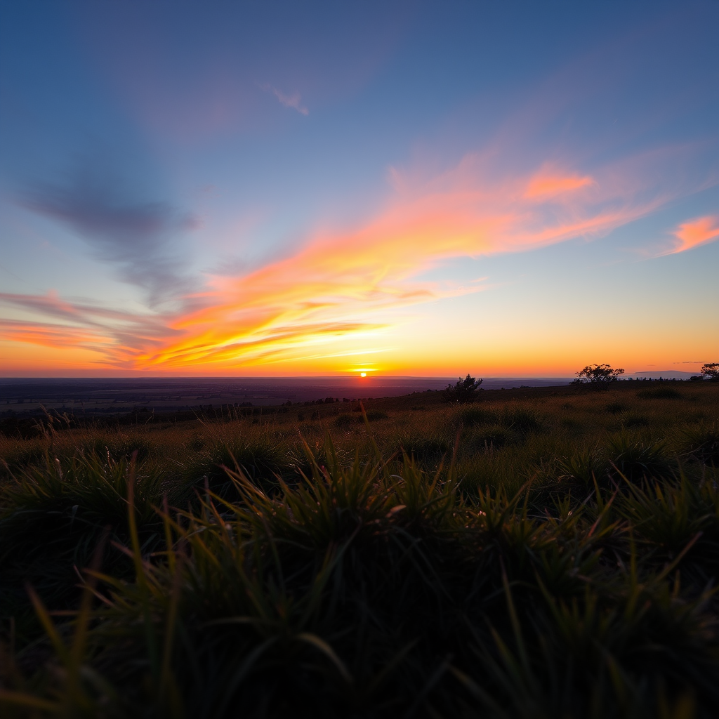 Generate a high-resolution image of a serene landscape at sunset with vibrant colors, using a Canon EOS R5 with a 24mm f/1.4 lens, aperture set to f/8, ISO 100, and exposure time of 1/125 seconds, captured from a low angle view to enhance depth.
