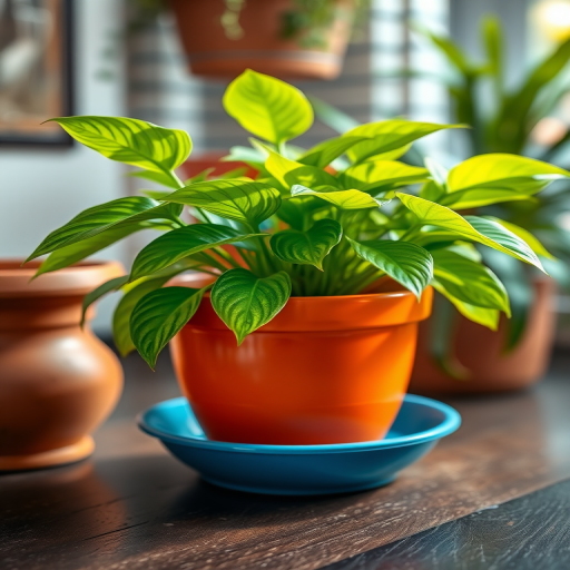 Create a vibrant digital illustration of a potted plant with lush green leaves in an orange pot on a blue saucer, captured from a low angle with a depth of field effect, using a high-resolution DSLR camera with a 50mm lens, f/1.8 aperture, and ISO 100 to enhance clarity and color saturation.