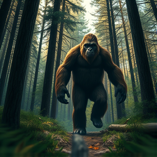 Create a highly detailed illustration of a Bigfoot walking through a dense forest, capturing a sense of mystery and intrigue, using a DSLR camera with a 50mm lens, aperture set to f/2.8 for a shallow depth of field, ISO 200, natural lighting, and a low angle view to emphasize the creature's size and presence.