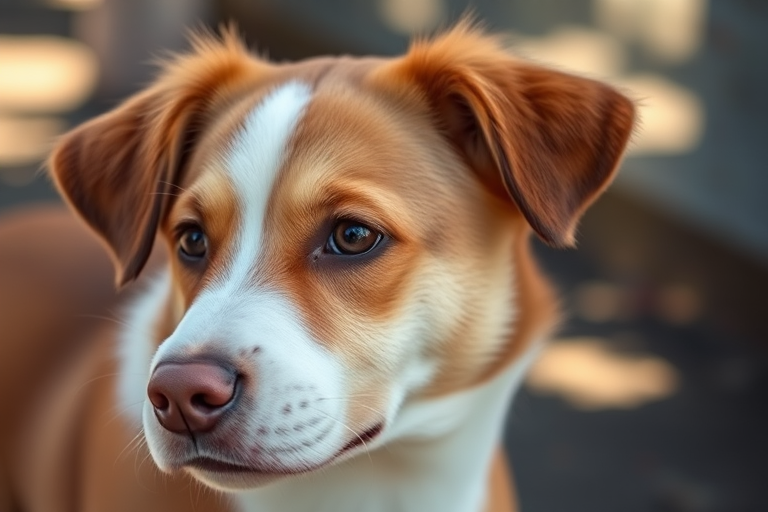 A close-up portrait of a brown and white dog with soft fur, facing slightly to the side, in natural outdoor lighting, with a shallow depth of field, taken with a Canon EOS 5D Mark IV at f/2.8, ISO 400, and a focal length of 50mm.