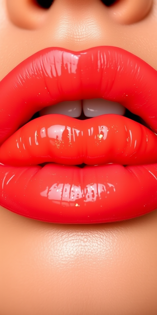 Vibrant coral sunset lips with a glossy finish, featuring a subtle ombre effect and flecks of gold, known as "Tropical Paradise Pout"
