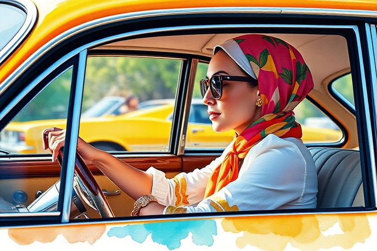 Regenerate a vibrant watercolor illustration of a woman driving a vintage car, capturing her wearing sunglasses and a headscarf with bright colors, using a DSLR camera at f/2.8 aperture, ISO 100, 50mm lens, shot in natural light from a side angle to emphasize the dynamic motion and elegant style.