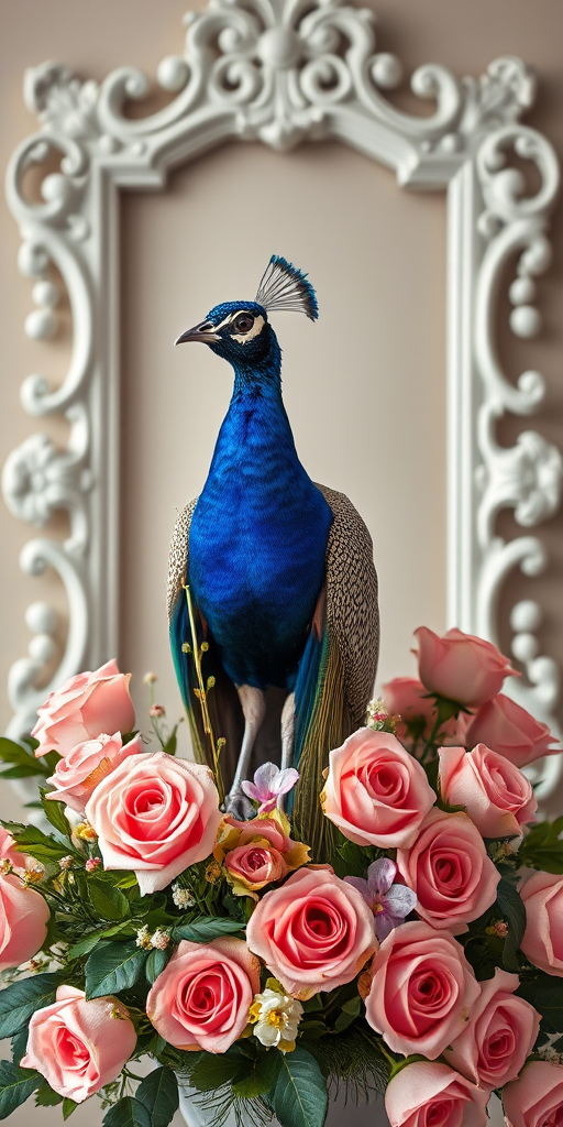 Capture a vibrant peacock perched elegantly on a floral arrangement with pink roses and an ornate white frame in a soft focus background, using a Canon EOS R5 with a 50mm f/1.2 lens, aperture set to f/2.8, ISO 100, and a shutter speed of 1/200s for enhanced detail and clarity.