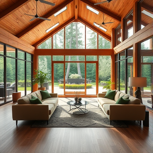 interior of a luxurious wooden living room with large glass windows overlooking a garden, soft natural lighting, modern yet cozy furniture setup with green accents, captured with a DSLR camera at f/2.8 aperture, 24mm lens, ISO 200, in a wide-angle view to enhance depth and clarity.