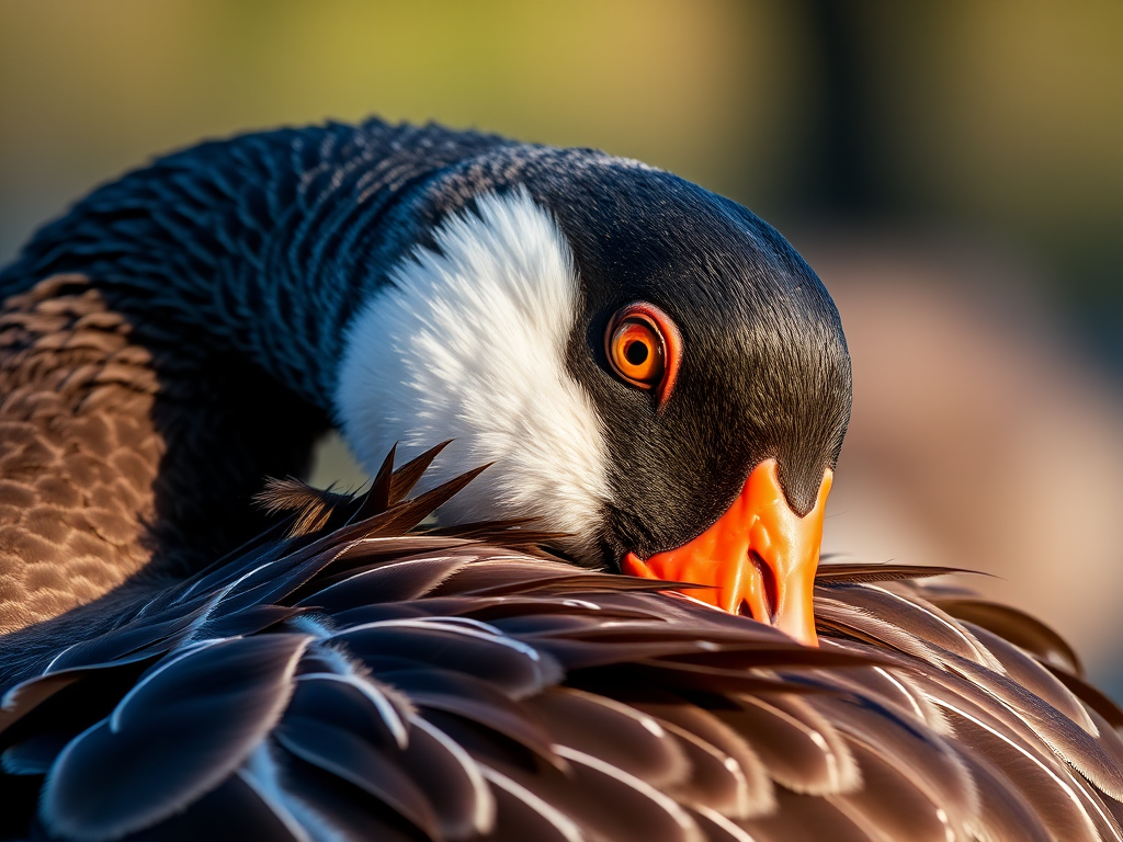 Close-up shot of a goose preening its feathers, using a DSLR camera with an 85mm lens, aperture f/1.8, ISO 100, natural light, shallow depth of field to enhance details in fur and striking eye color.