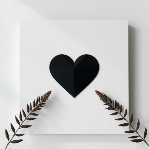 Create a high-resolution black heart icon on a white square background, shot with a Canon EOS R5 at f/8, ISO 100, 50mm lens, in a top-down view with soft natural lighting.