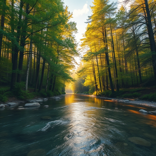 Create an image of a serene, sunlit forest scene with a clear, gently flowing river. Tall trees with lush green foliage line both sides of the river, their leaves bathed in the warm golden light of the setting or rising sun. The sunlight filters through the trees, casting soft, dappled light on the river, which flows over smooth rocks and pebbles, creating a peaceful, natural atmosphere. The sky is bright with a few scattered clouds, and the overall mood is tranquil, evoking a deep sense of connection with nature. The image captures the beauty of a calm, pristine forest landscape at either dawn or dusk.