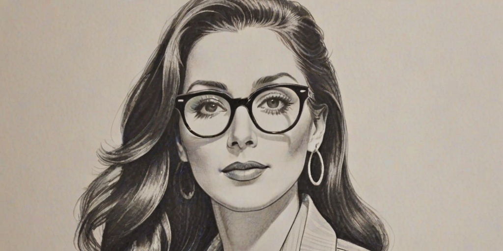 Elegant Cher, pencil sketch, portrait of Sublime woman 1951s in glasses, hair style beatnik, outline, clear lines, fine lines, 8k