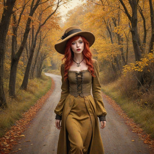 digital art fantasy depicting a strange girl with red hair, long eyelashes, Yellow lipstick and a tall hat walking along a winding road on an autumn afternoon, an Bongo smiles as she passes