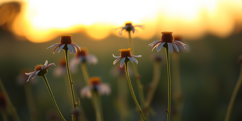 capture a group of wildflowers at golden hour with a shallow depth of field, using a DSLR camera with a 50mm lens, aperture f/1.8, ISO 100, shutter speed 1/200 sec, in soft focus, highlighting the delicate features of the flowers against a blurred background