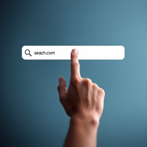 Create a high-resolution image of a sleek, modern search bar design with a hand pressing the button, using a DSLR camera, 50mm lens, f/2.8 aperture, ISO 100, and a soft-focus background to enhance clarity and depth.