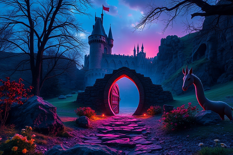 fantasy landscape with a magical portal and a mystical castle in the background, dramatic lighting, vibrant colors, shot with a Canon EOS R5, 24mm lens, f/1.4, ISO 100, 1/125s, HDR effect, low-angle view to enhance depth and perspective