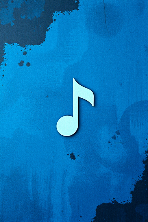 Create a vibrant abstract image featuring a large, stylized music note icon centered on a textured blue and black background using a Canon EOS R5 with a 24-70mm lens, aperture set to f/8, ISO 100, and a shutter speed of 1/125s for sharpness and clarity.