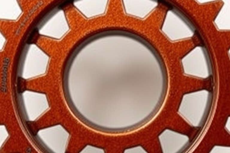 Create a detailed illustration of a circular gear with distinct pointed teeth, focusing on a rich brown hue, high contrast against a transparent background, shot with a DSLR camera at f/4 aperture, ISO 100, 50mm lens, natural lighting, and a macro view to emphasize texture and detail.