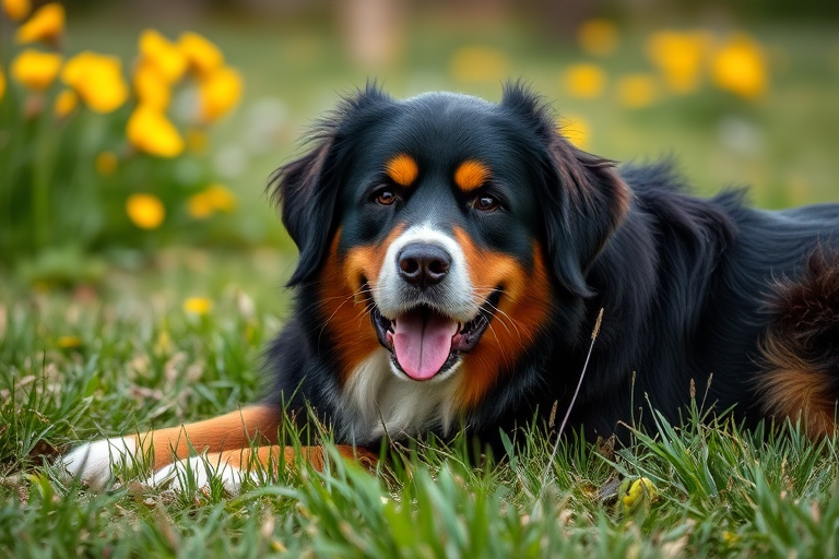 A Bernese Mountain Dog lying in a grassy area with yellow flowers in the background, captured in soft natural light, using a DSLR camera with a 50mm lens, f/1.8 aperture, ISO 200, and a shallow depth of field for enhanced focus on the dog.