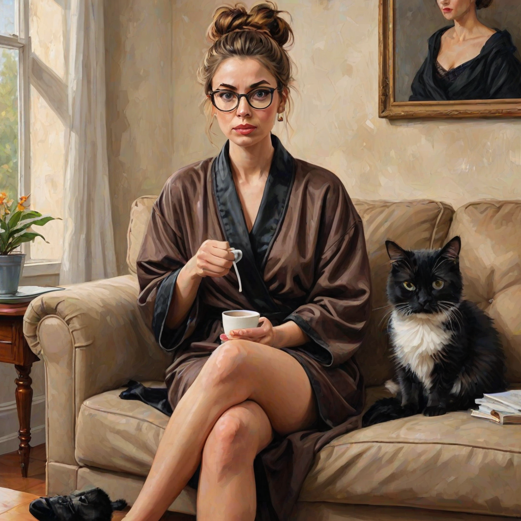 The words ‘Professional Overthinker’ (exact spelling) An exaggerated whimsical illustration of a cute silly lady with unruly messy brown bun and black glasses pouty lips and a thinking expression. Shes sitting on the couch, legs folded wearing a black silk robe, black fuzzy slippers. She’s holding her coffee cup and making a deep-in-thought face.  A quirky scruffy cat (dog) looking at her against a mottled, oil painting style soft background living room setting.