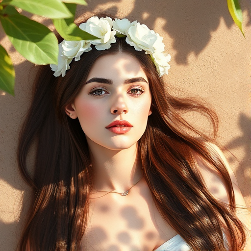 create a watercolor painting of an ethereal portrait of beautiful Assyrian woman with a simple white flower crown on her head. Her hair is long and she is lying on the ground. The sunlight on the trees casts shadows from the leaves on her face and body. The background is a neutral brown color that matches her skin tone. The image is minimalist and solid colors. This style is characterized by soft, delicate brushstrokes and a light, airy, contrasting color palette. High level of detail and play of light