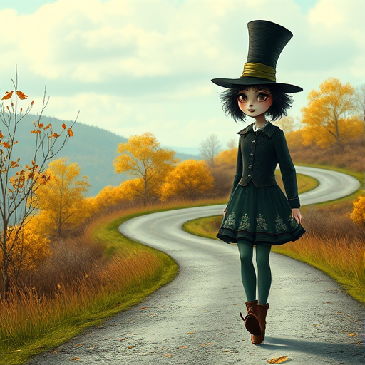 digital art fantasy depicting a strange girl with black hair, long eyelashes, cyan lipstick and a tall hat walking along a winding road on an autumn afternoon, an Woodpecker smiles as she passes