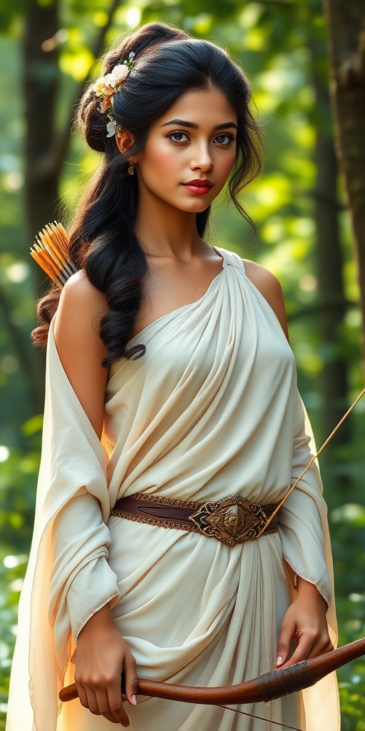 Create a portrait of a goddess-like Nepali girl figure in a tranquil, forested environment. She has an elegant appearance with long, wavy hair styled in an updo and adorned with a delicate, floral headband. She wears a flowing, ancient Greek-inspired gown in a soft, pale color, featuring a one-shoulder design and draped fabric that accentuates her graceful form. The outfit includes a decorative belt with ornate gold detailing, and she holds a bow in her hand, with a quiver of arrows slung over her shoulder. The background depicts lush greenery, with sunlight filtering through the trees, casting a gentle, ethereal light on the scene. Her expression is calm and contemplative, embodying a sense of wisdom and serenity.