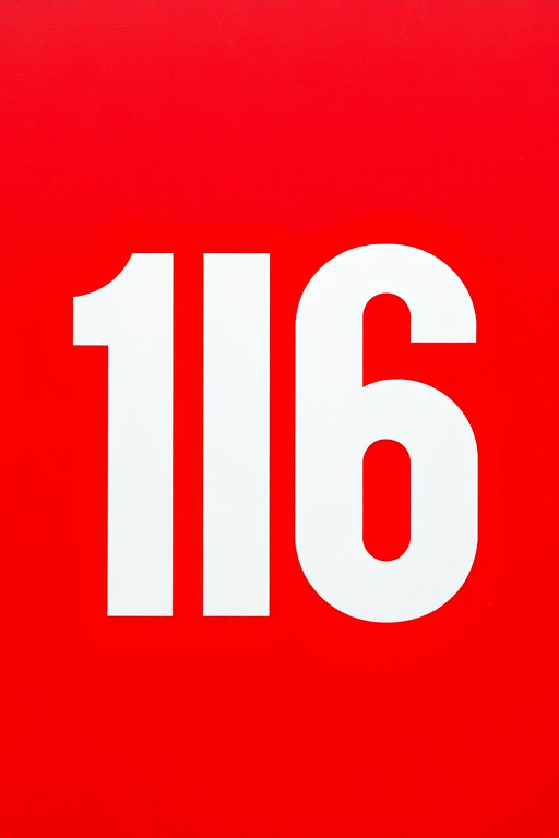 Create an image of the number 16 in bold, white font on a bright red background, using a DSLR camera with a 50mm lens, aperture set to f/2.8, ISO 100, and a slight vignette effect for enhanced focus on the number.