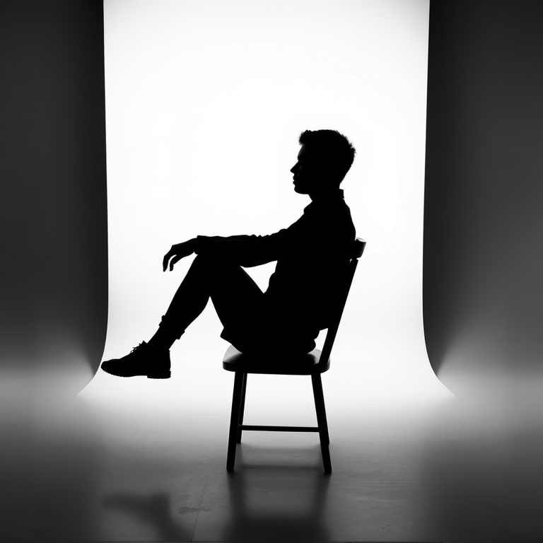 Generate a high-resolution image of a black silhouette of a seated person against a white background, captured with a Canon EOS R5 at f/8, ISO 100, 1/200s, using a flat lay view and softbox lighting for enhanced clarity and contrast.