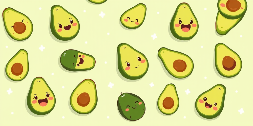 Cute cartoon avocados with smiling faces and pits scattered across a light green background with small white dots. Some avocados are whole, some are halved, and a few are slices, all showcasing expressive faces.