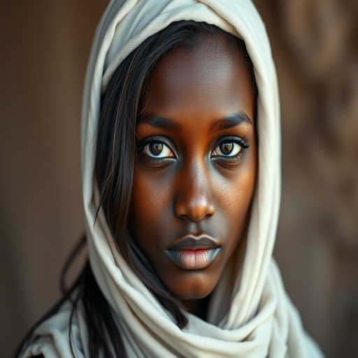 Create a portrait of a young Cape Verdean male with long, dark hair and captivating hazel eyes. She is wearing a white headscarf and a matching scarf draped gracefully around her neck. The background is softly blurred, focusing attention on her serene and natural expression. The overall color palette is muted and warm, enhancing the intimate and authentic feel of the portrait.