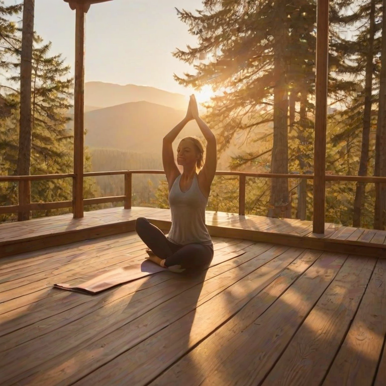 Warm, intimate image of a woman practicing yoga on a wooden deck at sunrise, soft golden light streaming through the trees, distant mountains barely visible, and the sound of birds chirping.