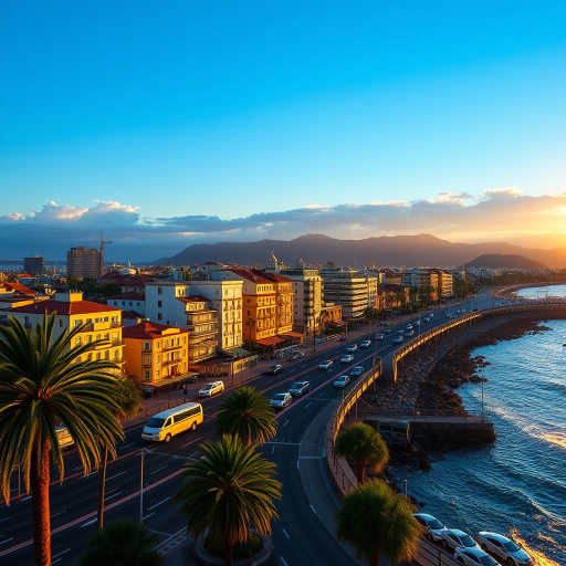 Capture a coastal cityscape at golden hour with vibrant buildings lining the waterfront, featuring palm trees and a busy street, taken with a DSLR camera, 35mm lens, f/8 aperture, ISO 100, 1/200s shutter speed, lens flare effect.