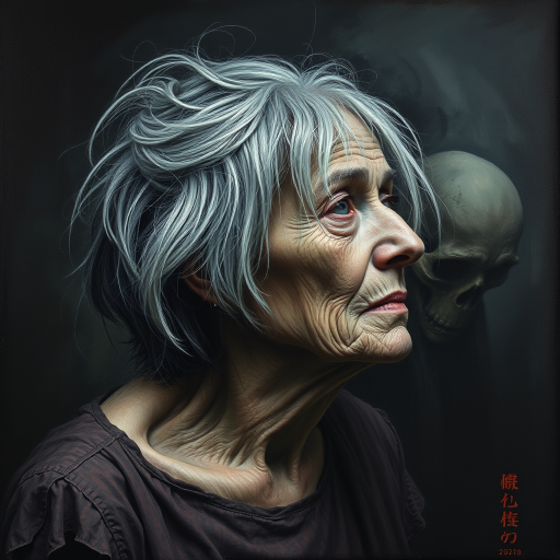 Final exit party. Dark Moody impasto dark picture edges. old woman. grey untidy hair streaked with white and pastel muted colours. include whole head and neck and shoulders. death lurks in the background.