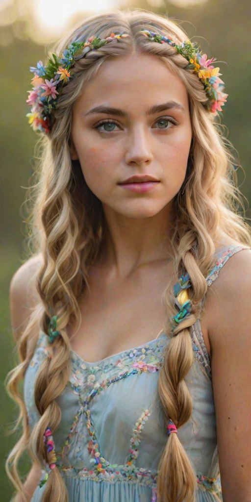 Create an image of a young Mestizo woman with long, wavy blonde hair, adorned with small, colorful flowers woven into her braids and loose strands. Her complexion is fair, with soft, glowing skin, and she has light blue eyes that gaze softly at the viewer. She wears a light, flowing dress with a gentle, ethereal quality, complementing her delicate and serene appearance. The background is slightly blurred, drawing focus to her tranquil expression and the intricate details of the flowers in her hair. The overall mood of the image is one of natural beauty and grace, evoking a sense of peacefulness and connection with nature.