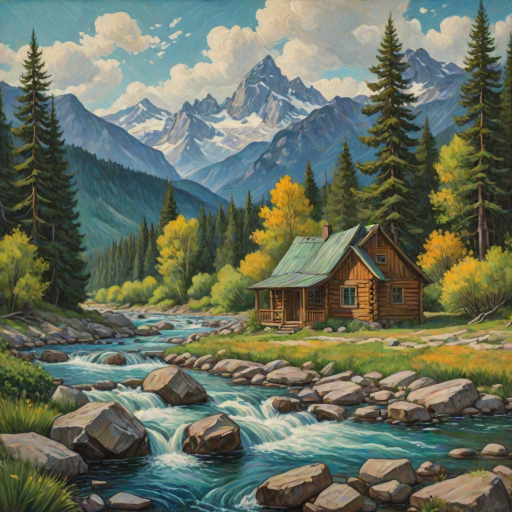 This Van Gogh-inspired painting depicts a peaceful scene of a small cabin located near a flowing river. The scene is surrounded by lush vegetation, including tall trees and rocky terrain. In the background, majestic mountains rise under a sky filled with rolling clouds. The river gently cascades over the rocks, adding a sense of movement and tranquility to the scene. The use of vibrant colors and detailed brushstrokes create a sense of depth and harmony in the natural setting.
