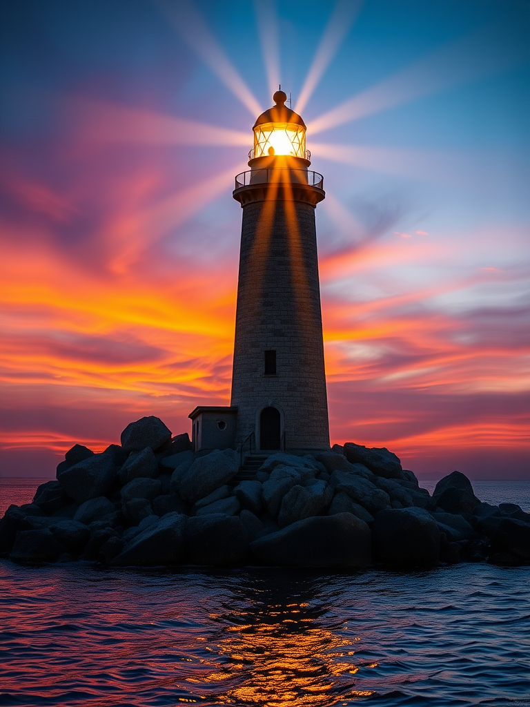 Generate an image of a tall lighthouse perched on a rocky outcrop surrounded by calm ocean waters during a breathtaking sunset. The lighthouse stands sturdy and weathered, its stone surface illuminated by the warm golden light of the setting sun. The sun's rays pass directly through the glass lantern room at the top of the lighthouse, casting a brilliant light across the scene. The sky is painted with vibrant shades of orange, pink, and purple, reflecting off the tranquil sea. The surrounding water shimmers with the same warm hues, creating a serene and majestic atmosphere.