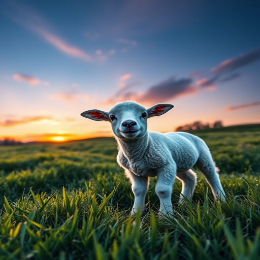 Generate a high-quality image of a cute lamb standing in a vibrant green meadow during sunset, capturing the dramatic sky with stars, using a DSLR camera set to f/2.8 aperture, ISO 100, 1/200s shutter speed, with a wide-angle lens at a low angle for enhanced depth of field and clarity.
