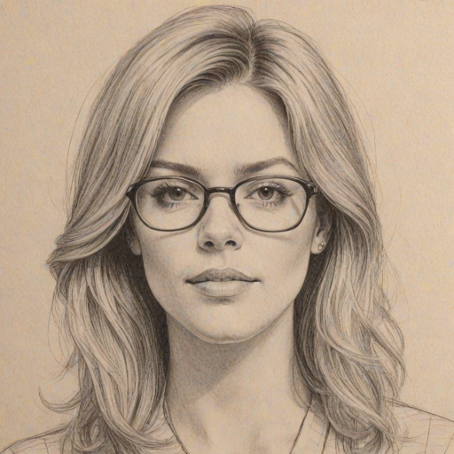 Fetching Kimberly Caldwell, pencil sketch, portrait of Fascinating woman 1972s in glasses, hair style beatnik, outline, clear lines, fine lines, 8k