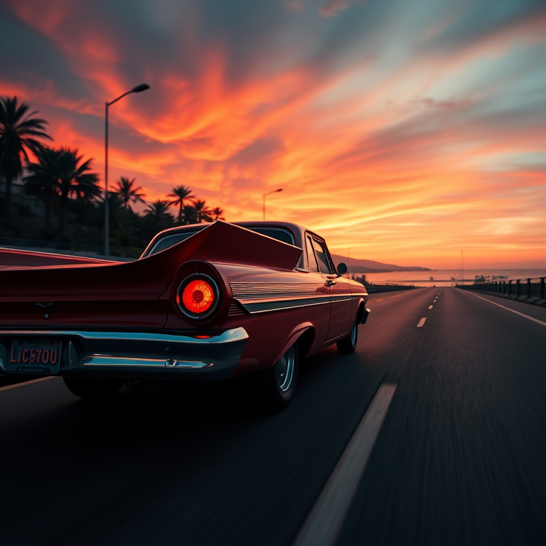 Generate a high-resolution image of a classic car driving along a beachside road at sunset with neon lights reflecting off the car, using a DSLR camera with a 35mm lens, aperture f/1.8, ISO 100, shutter speed 1/60s, shot from a low angle perspective to emphasize the vibrant colors and atmosphere.